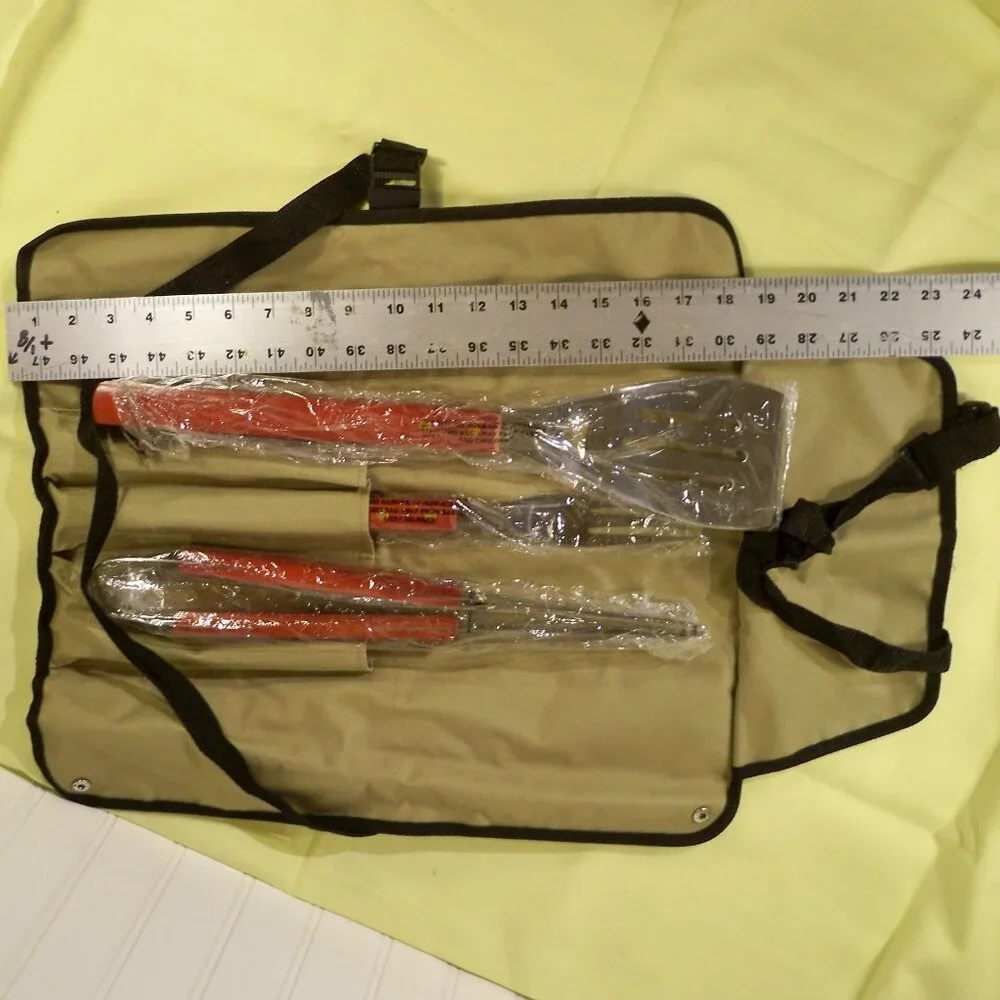 NEW 3 Stainless Steel Utensils, Apron BBQ/Grill Set